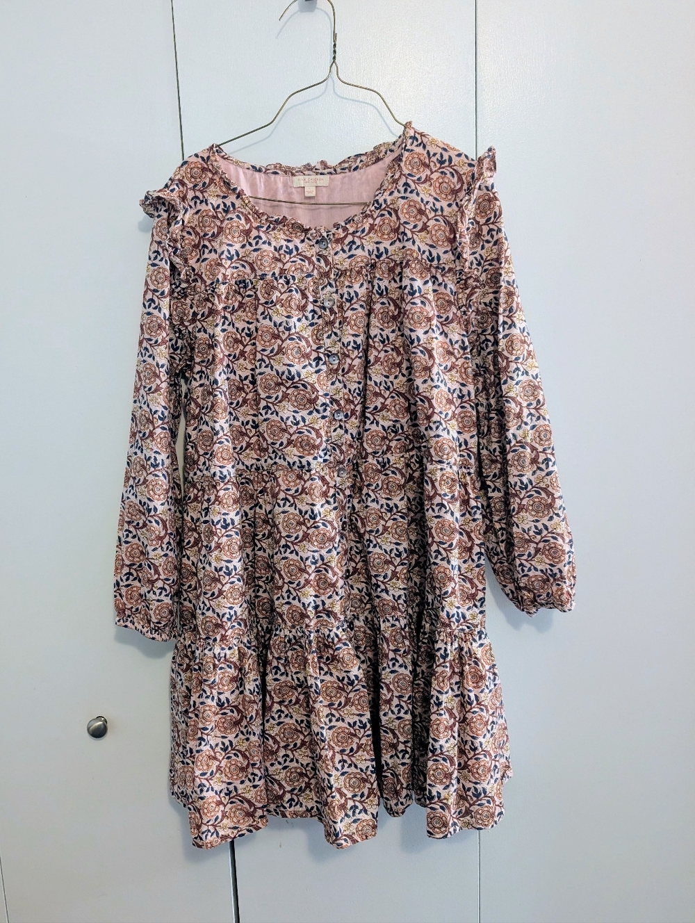 Pink Chicken Cotton Dress Pink Teal Gold Floral Pattern Long Sleeve Mini Large